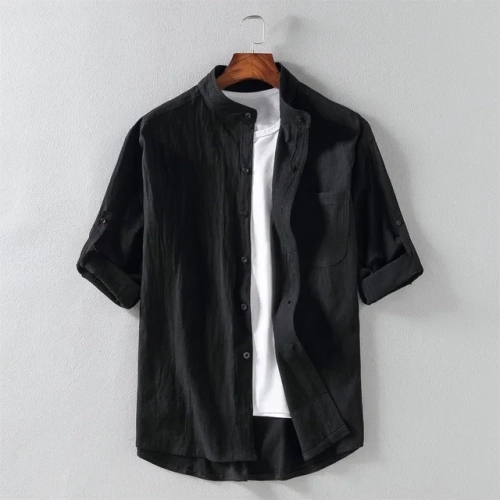Stylish Stand Collar Men's Short-Sleeved Shirt for Spring and Summer: Featuring a Five-Point Mid-Sleeve Design and Seven-Point Sleeve in a Fashionable and Comfortable Large Size Fit.