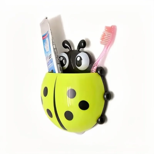 Ladybug toothbrush holder with wall suction, cartoon design for bathroom storage. A cute organizer for toothbrush and toothpaste.