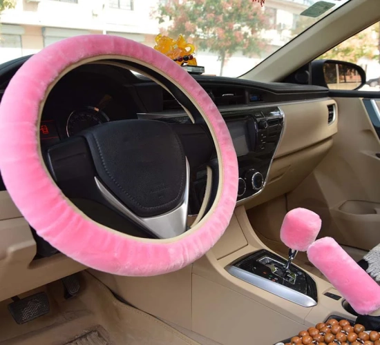 Car Steering Wheel Cover, Gearshift, Handbrake Cover: Protector, Decoration, Warm Super Thick Plush Collar in Soft Black and Pink for Women and Men