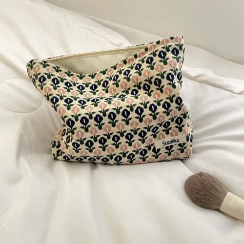 Corduroy cosmetic bag for women with a floral design, suitable for makeup, lipstick, and brushes. Ideal for travel or as a Korean student's pencil case and organizer.