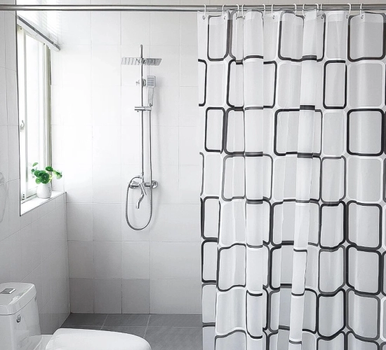 Durable waterproof shower curtain with modern print. Mildew-proof and includes hooks. Essential bathroom accessory