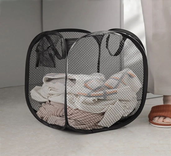 "Foldable Laundry Basket Organizer: A Mesh Storage Solution for Bathroom Clothes, Dirty Laundry, and Household Items – Wall Hanging Frame for Convenient Storage"