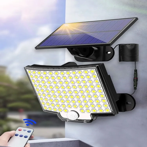 Outdoor waterproof solar light with 106 LEDs, featuring a mo