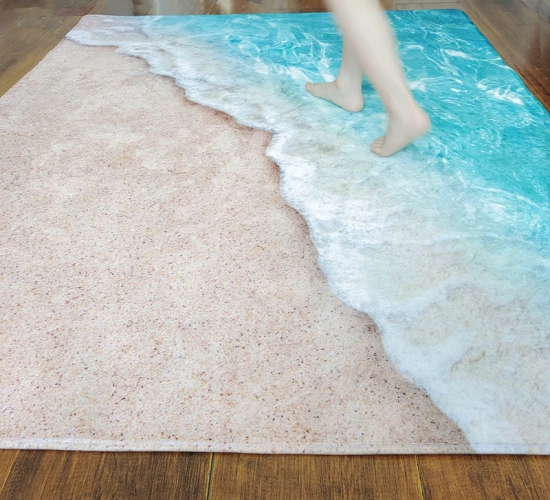 Large Waves Beach 3D Carpets for Living Room, Ideal for Kids' Rooms. Blue Kitchen Mat, Modern Entrance Mat, and Home Bathroom Rugs for a stylish floor decor.