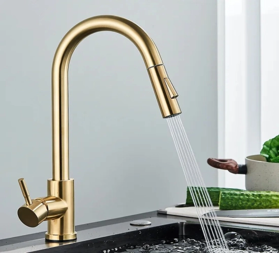Golden Brushed Kitchen Faucet with Pull-Out Function, Single-Handle Mixer Tap, 360-Degree Rotation, and Kitchen Shower Feature
