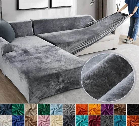 Plush Velvet Sofa Cover: Thick Elastic Cover for 1/2/3/4 Seater Sofas in Living Room, Ideal for L-Shaped Corner Sofa Couches