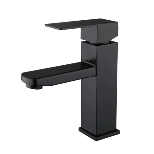 Modern Elegance: Black Plated Square Stainless Steel Bathroom Basin Faucet with Hot & Cold Mixer, Perfect for Square Vanity Sinks in Lavatories