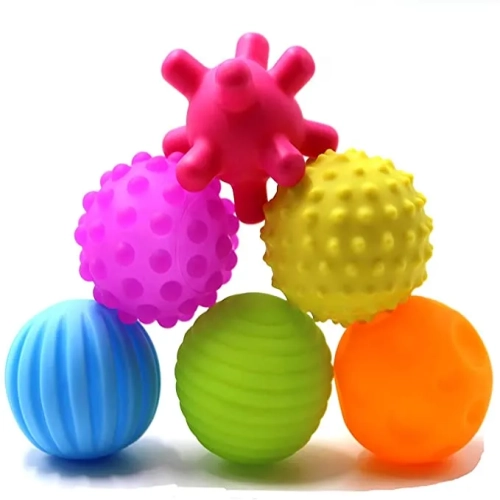 A set of 6 textured sensory balls for babies, encouraging touch, grasp, and massage. Designed to enhance tactile senses and promote sensory development.