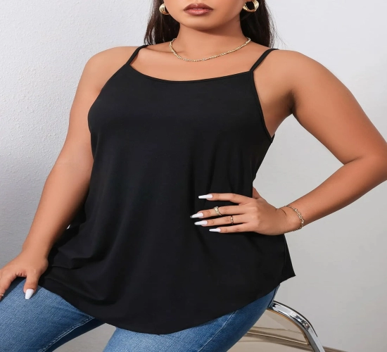 Women's Plus Size Black Camisole Tank Top, V-Neck Sleeveless Blouse, Solid Casual Tee for Large and Big Sizes.