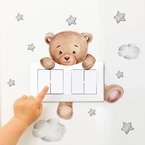 Bear and Star Cartoon Switch Sticker Adorable Self-Adhesive Wall Decals for Kid's Room, Baby Room, and Bedroom Decoration Cute Home Decor Wallpaper Mural