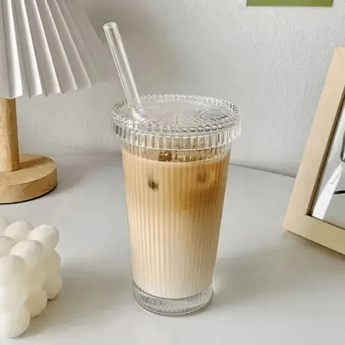 375ml Stripe Glass Cup with Lid and Straw Japanese Style Chic Drinking Mug for Milk, Coffee, Tea, and Whiskey - Perfect Birthday Gift