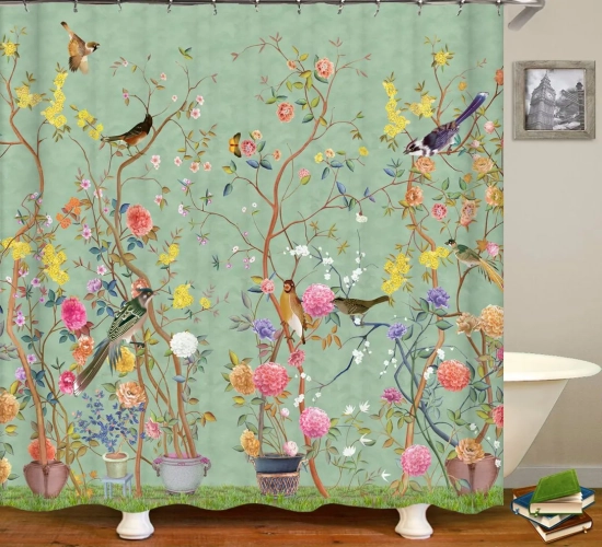 "Chinese Style Flower and Birds Tree Shower Curtain: Waterproof Bathroom Decor with Hooks, Featuring 3D Printing for an Artistic Bath Curtain."