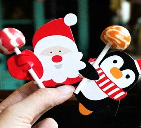 Christmas Lollipop Paper Cards featuring Cartoon Santa Claus, Penguin, and Snowman - Ideal for Wrapping Kids' Candy Gifts and Decorating New Year Party Packages