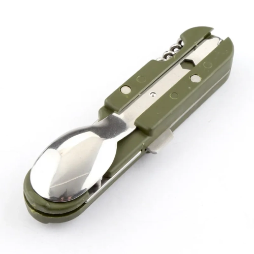 Compact stainless steel camping utensil set with knife, fork, spoon, and bottle opener in army green. Perfect for travel and picnics.