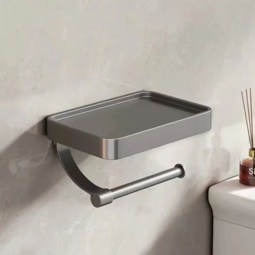 Contemporary Aluminum Wall-Mounted Toilet Paper Holder with Storage Shelf – Stylish Bathroom Accessory in Grey Finish