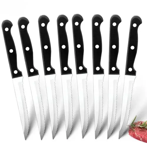 Serrated Dinner Knives Set - 6/8 Pcs Full Tang Stainless Steel Steak Knives. Dishwasher Safe for Cutting Meat and Bread.