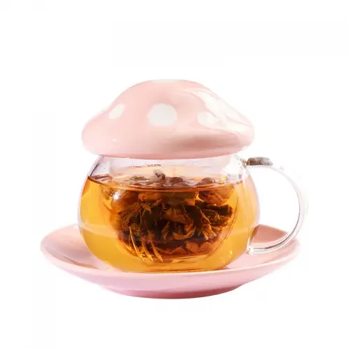 Adorable Mushroom Ceramic Lid and Saucer Glass Tea Water Sep