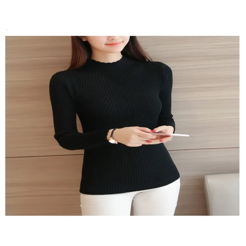 Autumn Mock Neck Ruffles Sweater: Long Sleeve, Knitted Bottoming, Solid Pullovers with Stripes. Casual Winter Sweater for Women.
