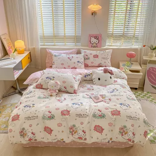 Sanrio Hello Kitty Cute Cotton Bedding Set: Four-Piece Double Queen Size Bed Linens with Pillowcase, Ideal for Girl's Dorm Room and Home Textile Use