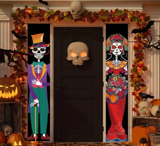 Day of The Dead Halloween Banner Set DIY Mexican Party Decor, Skull Welcome Hanging Door Sign.
