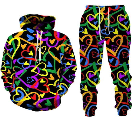 Spring Autumn Love Graffiti 3D Printed Hooded Pullover and Long Pants Set - Oversized Hoodies for Stylish Female Clothing