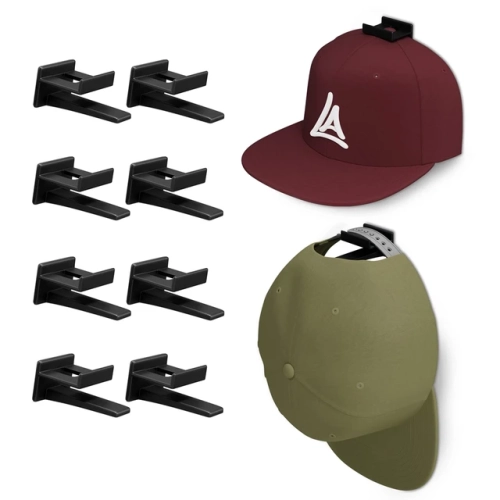 Set of 5 or 8 adhesive hooks for baseball caps. Minimalist wall-mounted hat rack for bedroom organization.