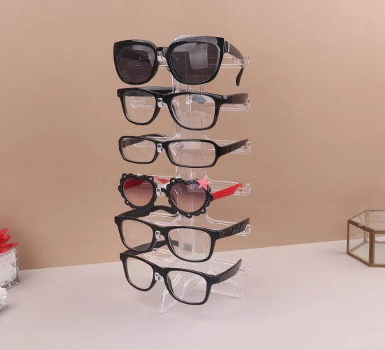 Plastic Sunglasses Display Stand: Eyeglasses Show Rack Holders for a Home Organizer, providing Storage and a Space-Saving Shelf for Glasses.