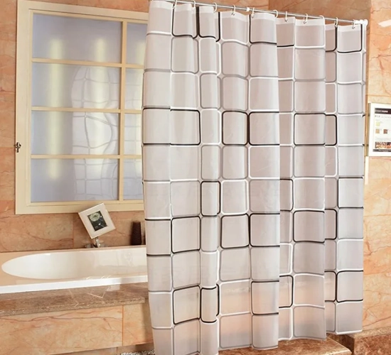 "Bathroom Shower Curtains: Waterproof Bath Curtain in PEVA with Modern Geometric Plaid Pattern - Farmhouse Home Decoration, Translucent Design"
