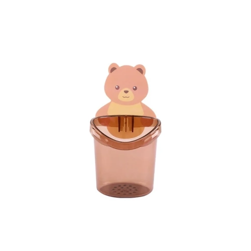 Wall-mounted bear-themed toothbrush holder and paste organizer for kids' bathroom accessories. Efficient shelf storage supplies.
