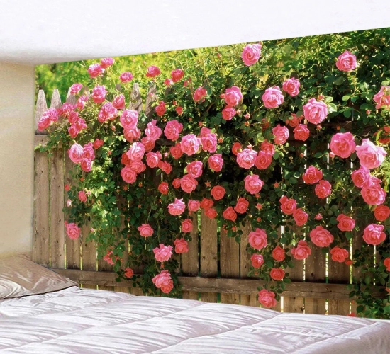 Spring Flower Fence Tapestry: Pink Roses, Plants, Flower Wall Garden, Window View - Natural Scenery Home Decoration