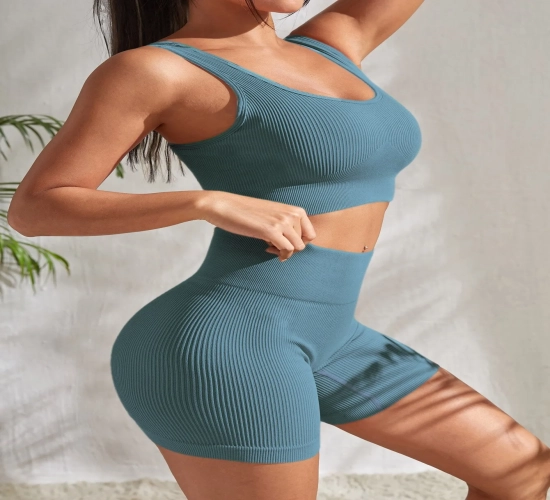 Seamless Ribbed 2-Piece Yoga Workout Sets for Women: Ribbed Crop Tank paired with High Waist Shorts for Stylish Gym Suits, Ideal for Fitness and Running Outfits.