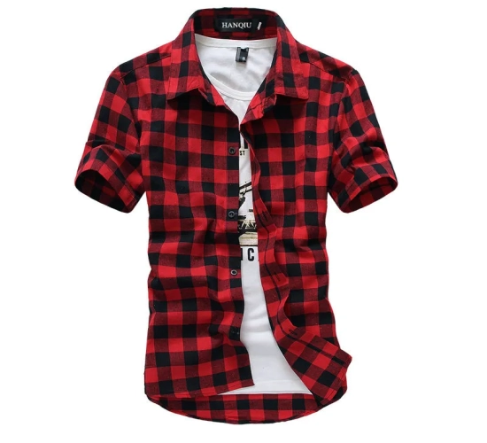 Red and Black Plaid Shirt for Men: 2023 New Summer Fashion, Short Sleeve, Checkered Design - Stylish Chemise Homme, Perfect Men's Blouse for a Trendy Look.