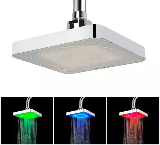 Square Fixed LED Shower Head with 7 Colors Gradual Changing Lights, Temperature Sensor with 3 Colors Indicator, and Rainfall Top Spray - No Batteries Required
