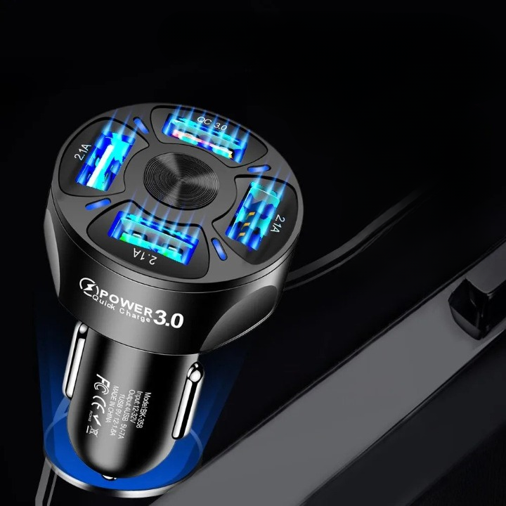 4-Port QC3.0 Car Charger: Fast Power On-the-Go for 4 Devices