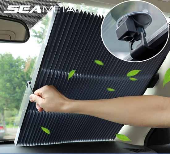 Retractable Car Windshield Sunshade with Suction Cups Auto UV Protection, Foldable Sun Block for Window, Efficient Sun Blocking Solution.