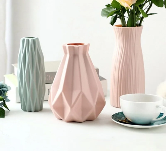 Single Modern Flower Vase in White, Pink, or Blue Plastic Basket Style. Nordic Home Living Room Decoration Ornament for Flower Arrangement.