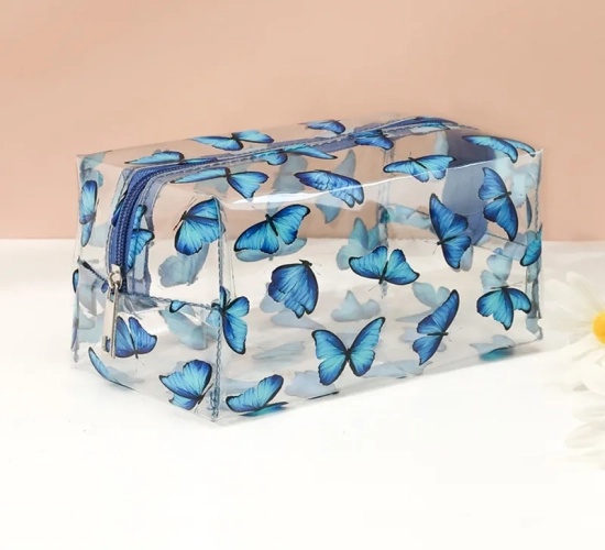 Chic Clear Cosmetic Bag Fashionable Transparent Travel Pouch with Strawberry Flower Print, Portable Mini Wash and Storage Bag for Women with Zipper.