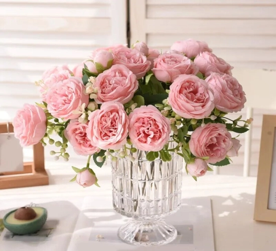 Rose Pink Silk Bouquet Peony: 30cm Artificial Flower with 5 Big Heads and 4 Small Buds, Ideal for Bride, Wedding, and Home Decorations