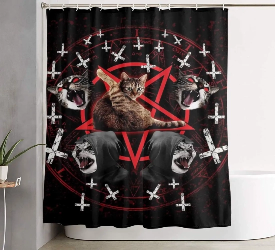 Occult Feline Pentagram Dark Metal Resilient Bathroom Curtains: Waterproof Polyester Fabric Shower Curtains with 12 Hooks for a Durable and Edgy Aesthetic.