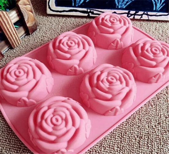 Silicone mold with 6 flower rose-shaped holes for cakes, ice cream, chocolate, or soap. A versatile 3D cupcake bakeware, baking dish, cake pan, and muffin mould.