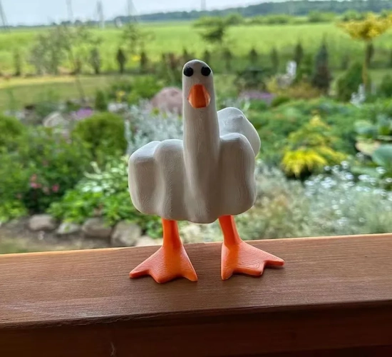 Funny little duck middle finger statue - a creative resin ornament for home desktop or garden sculpture decor, makes a unique gift.