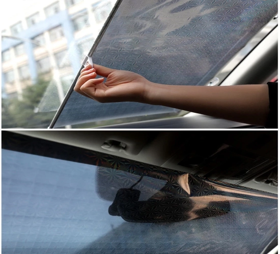 Front Window Car Sun Protection Cover Sunshade with Suction Cup, Aluminum Foil Material, UV Reflection Curtain for Windshield.