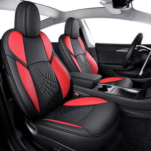 "Waterproof Faux Leather Tesla Model Y Seat Covers: Full Set for 2020-2023, Black & Red"