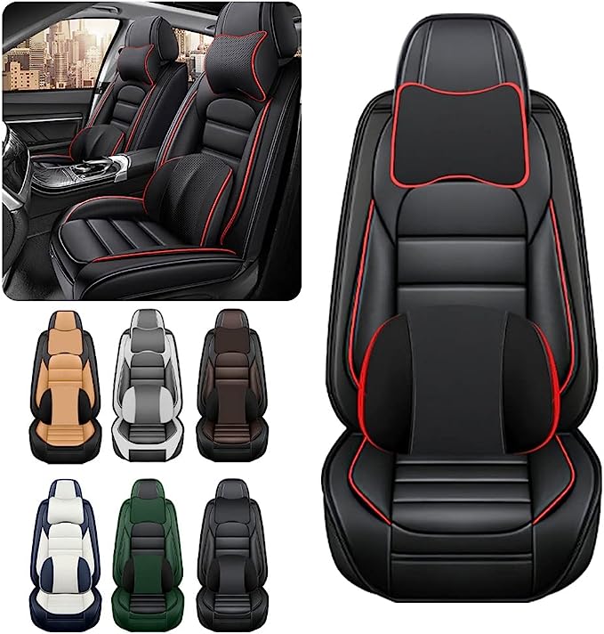 "Luxury Car Seat Covers - Waterproof, Soft, Breathable PU Leather with Storage Pockets. Fits 95% of Vehicles. Full Set in Black and Red, including Pillows."