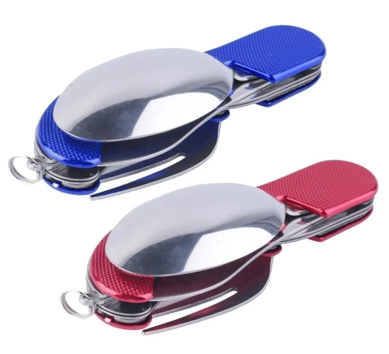 Stainless Steel Multi-Function Folding Spoon, Fork, and Knife Travel Set - Portable Tableware Tools for Outdoor Camping.