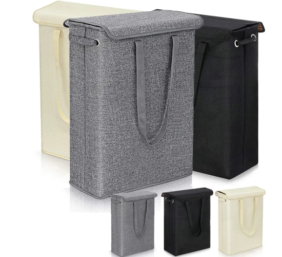 Slim 45L laundry basket with cover, featuring a narrow and finely designed handle. Ideal for storing dirty laundry in bedrooms, kindergartens, or any space.