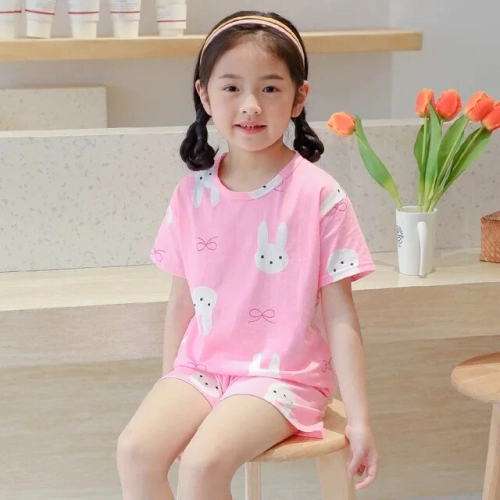 New Summer Short-Sleeved Cotton Pajama Sets for Baby Girls and Teens, Available in Sizes 4-14 Years