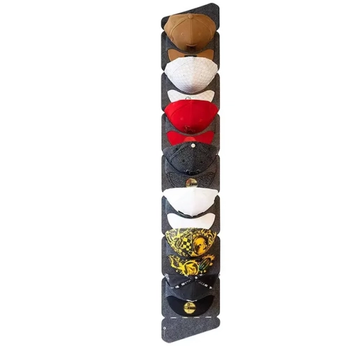 Felt hat organizers for baseball caps - space-saving storage for bedroom closets. Wall or door-mounted rack for efficient storage.