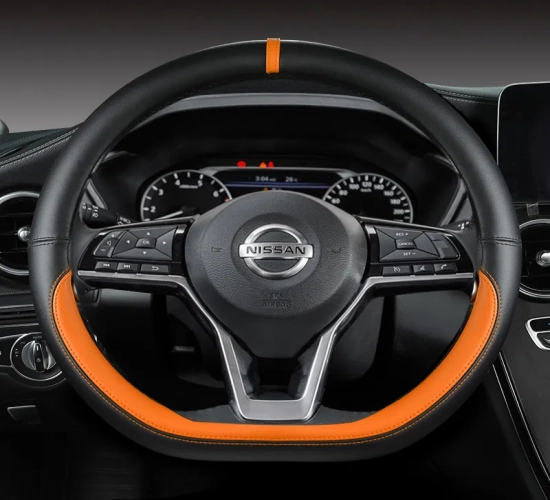 Car Steering Wheel Cover designed for Nissan X-Trail, Qashqai, March, Serena, Micra, Kicks (2017-2019), Altima, Teana (2019), and other compatible models. A stylish addition to enhance your car's interior with quality auto accessories.