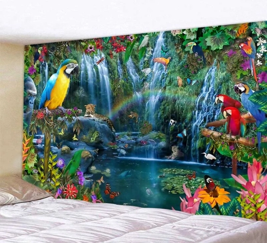 Jungle Bird Art Tapestry - A Psychedelic Scene for Home Decor, Hippie Boho Aesthetic, Room Enhancement, and Yoga Mat Wall Deco